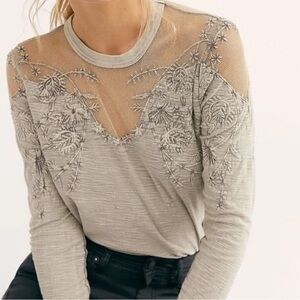 Free People Micha Gray Mesh & Embellished long sleeve large